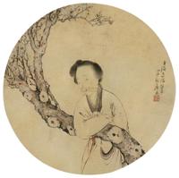 居廉 1884年作 仕女 镜框