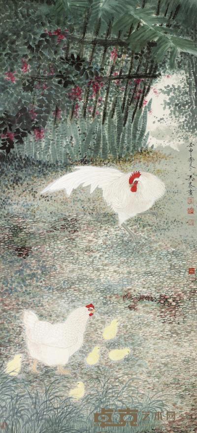 吴泰 1992年作 群鸡图 镜框 143×65cm