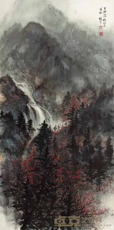 黎雄才 1987年作 秋林观瀑 镜框 136×68.5cm