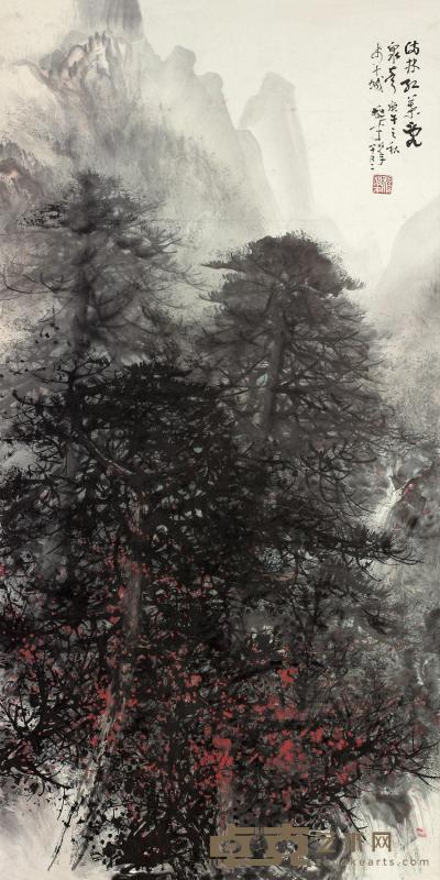 黎雄才 1990年作 红叶泉声 镜框 136×69cm