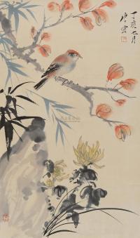 唐云 丁亥（1947年）作 红叶小鸟 立轴
