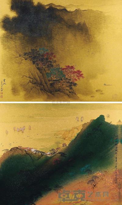 宋文治 乙亥（1995年）作 金版山水图 （二帧） 镜片 45×53cm×2