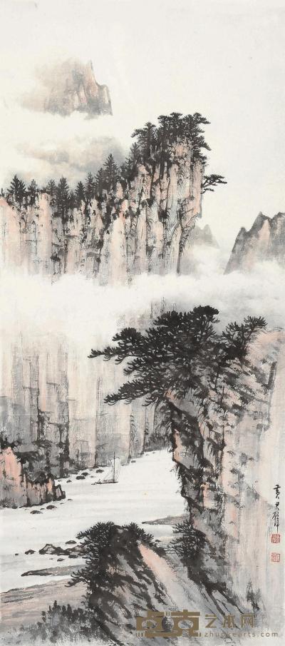 黄君璧 峡江山水 镜片 96×44cm