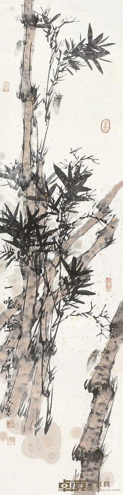 梁时民 辛卯(2011年)作 一鸣惊人 镜片 133×33cm