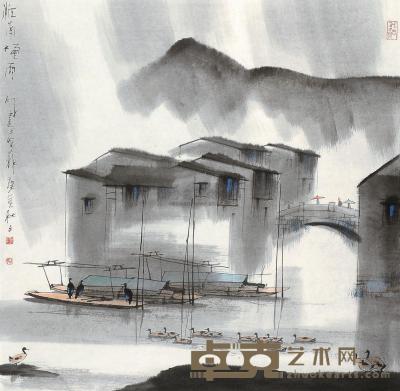 杨明义 庚辰（2000年）作 江南烟雨 镜片 60×60cm