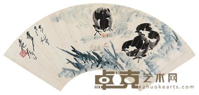 唐云 三只小鸡 扇面 19×52cm