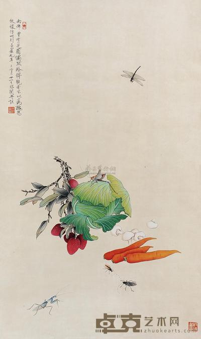 于非闇 辛巳(1941年)作 花卉草虫 立轴 102×60cm