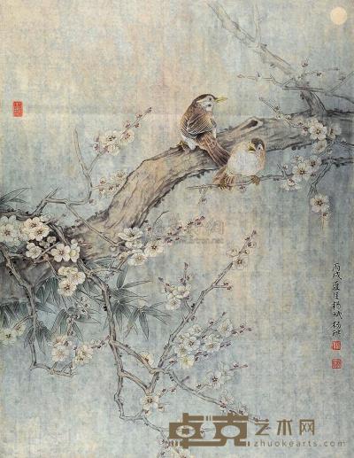 杨斌 杨琪 丙戌（2006年）作 白梅 小鸟 镜片 66×51cm