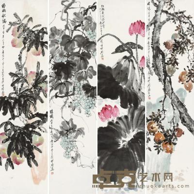 王兰若 方楚雄 戊申（1968年）作、丁未（1967年）作 花卉 四屏立轴 137×33.5cm×4