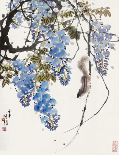 方楚雄 壬申（1992年）作 紫藤松鼠 镜框