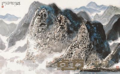 杜应强 戊辰（1988年）作 春江帆影图 镜片 59×95cm