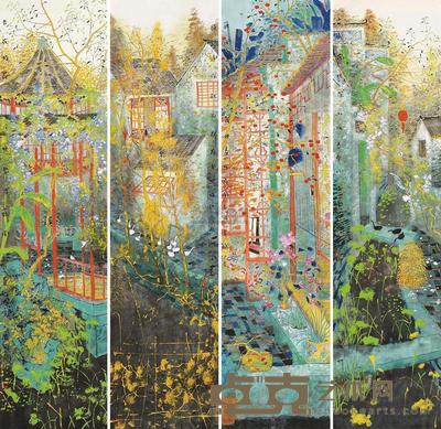 方向 乙酉(2005年)、丙戌(2006年)作 岭南小景 (四帧) 镜片 137×34cm×4