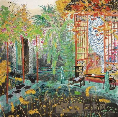 方向 辛卯(2011年)作 水乡斜阳 镜片 68×68cm