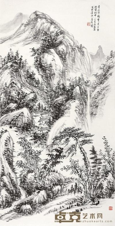 区广安 己巳（1989年）作 青山隐树图 立轴 132×66cm