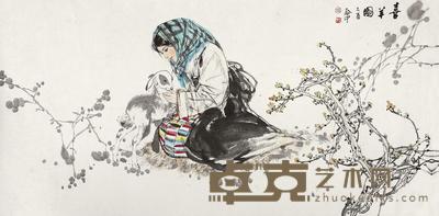 伍启中 乙酉(2005年)作 喜羊图 镜片 70×139cm