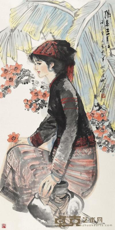 林峥明 壬辰（2012年）作 阳春三月红 镜片 138×69.5cm
