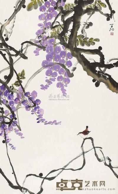 苏百钧 紫藤小鸟 镜片 96×60cm