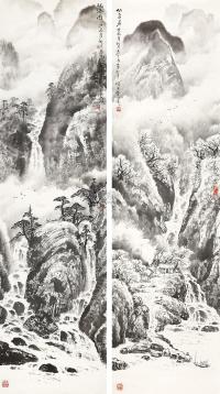 庞泰嵩 庚辰（2000年）作 山水 对屏 镜片