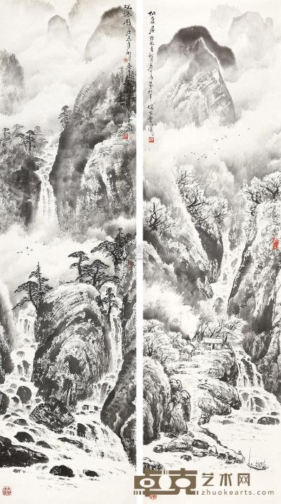 庞泰嵩 庚辰（2000年）作 山水 对屏 镜片 180×48cm×2