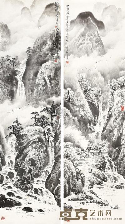 庞泰嵩 庚辰(2000年)作 山水 对屏 镜片 180×48cm×2