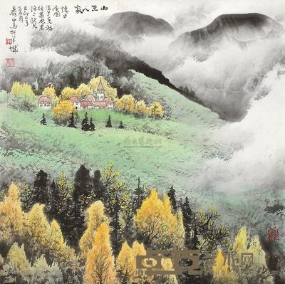 庞泰嵩 己卯(1999年)作 山里人家 镜片 68.5×68.5cm