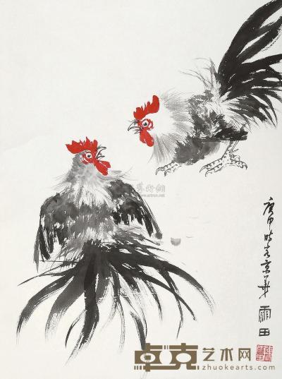 陈雨田 庚申（1980年）作 斗鸡 立轴 73×55cm