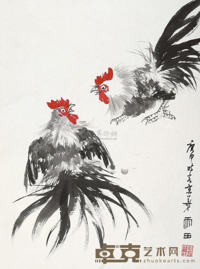 陈雨田 庚申(1980年)作 斗鸡 立轴 73×55cm