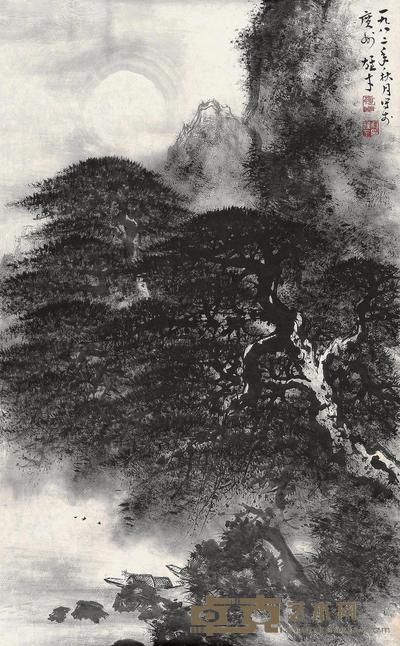 黎雄才 1982年作 月下苍松 镜片 96×59cm