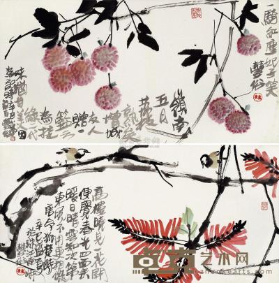 林丰俗 辛巳（2001年）作 春色丽日 （两帧） 镜片 34×69cm×2