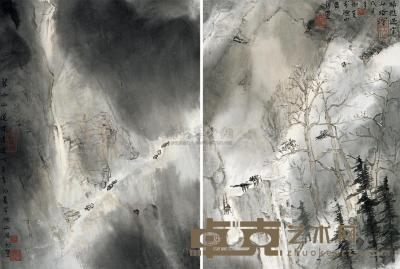 李劲堃 戊子（2008年）作 山道·初雪 （两帧） 镜片 37×27cm×2