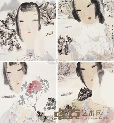 黄国武 壬辰（2012年）作 春花秋月 （四帧） 镜片 48×45cm×4