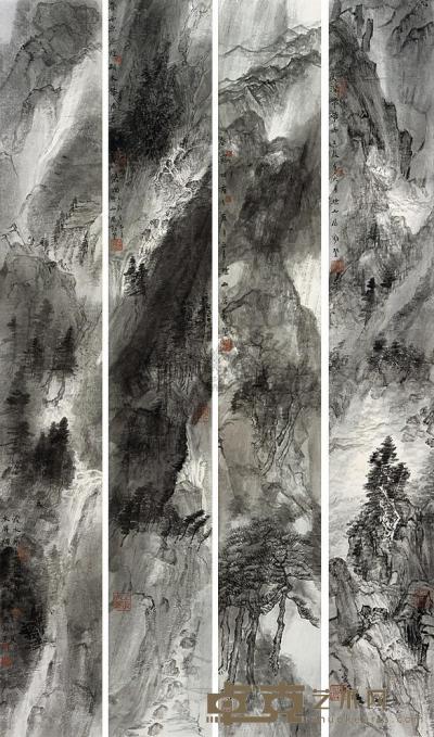 李劲堃 壬辰（2012年）作 高山流水 （四帧） 镜片 124×18cm×4