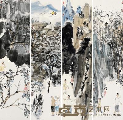 黄国武 壬辰（2012年）作 乡间趣味 四屏镜片 139×35cm×4