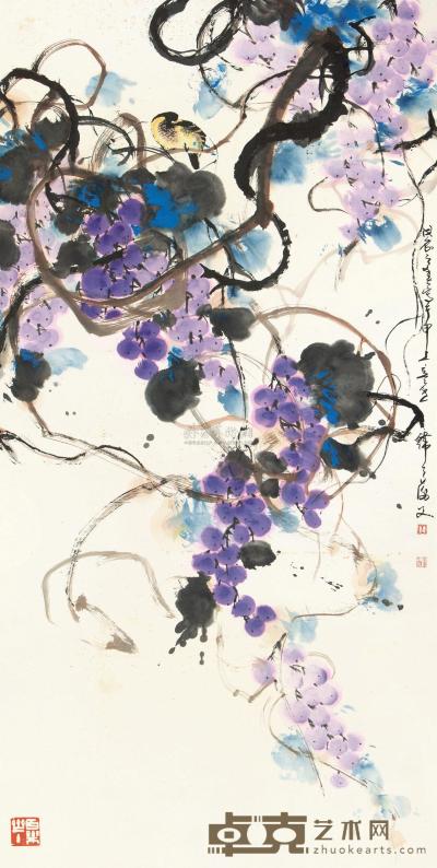 韩天衡 戊辰（1988）年作 紫藤幽禽 镜片 136×68.5cm