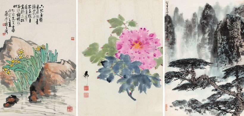 谢稚柳 曹简楼 刘宝纯 山水·花鸟 （三帧） 镜心
