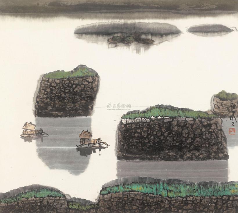 李明久 1990年作 渔舟唱晚 镜心