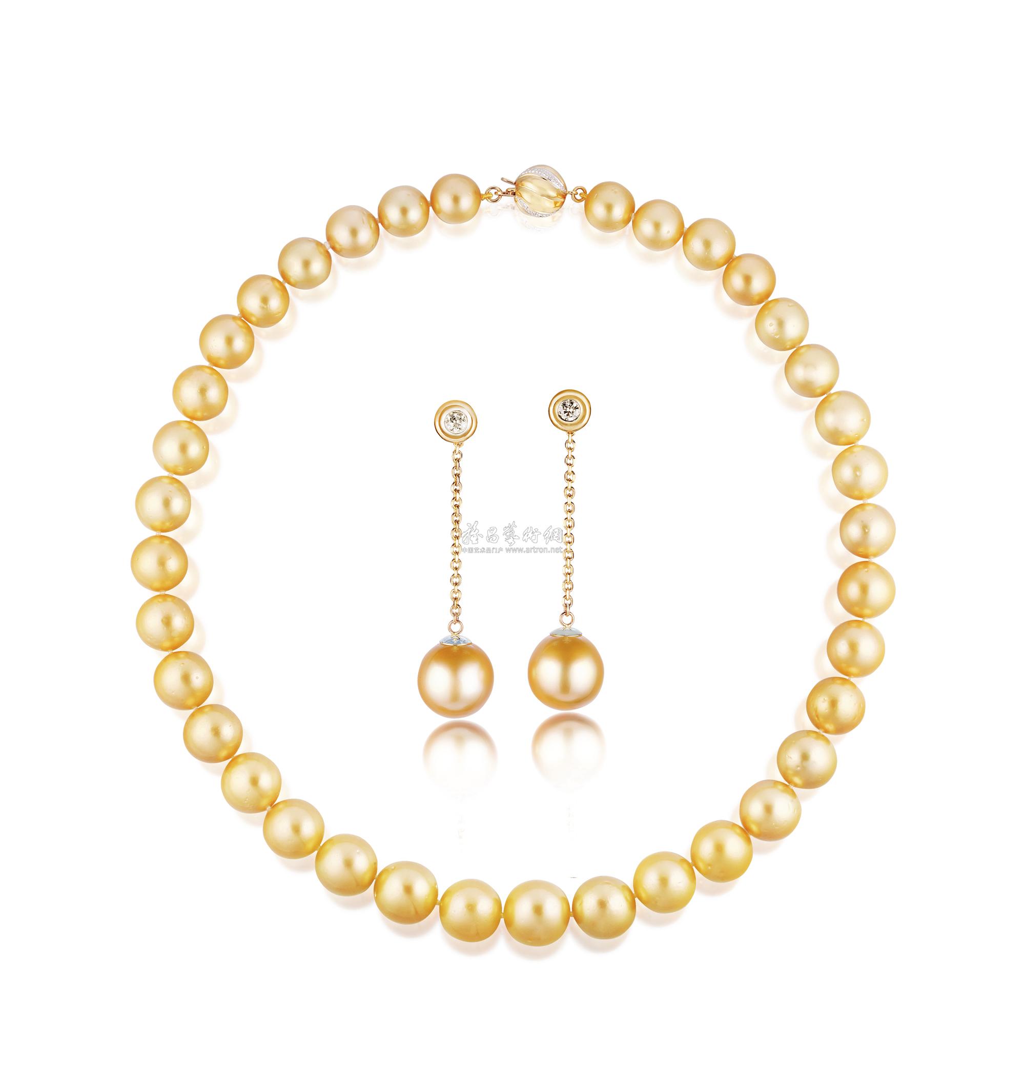 金色南洋珍珠配钻石项链、耳环套装