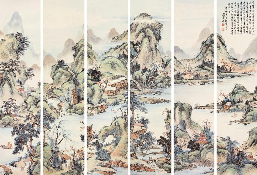 罗丹谷 山水通景屏 （六幅） 屏轴