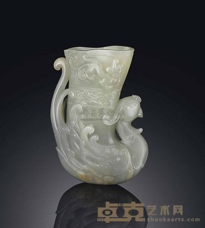 18TH CENTURY A PALE CELADON JADE‘PHOENIX’RHYTON 高11cm