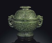 19TH CENTURY A SPINACH-GREEN JADE TWO-HANDLED CENSER AND COVER