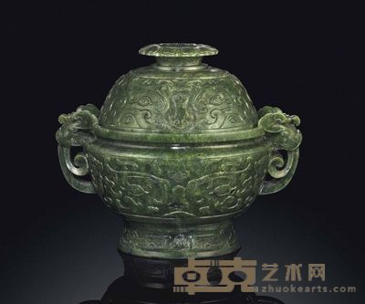 19TH CENTURY A SPINACH-GREEN JADE TWO-HANDLED CENSER AND COVER 