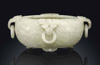 QIANLONG PERIOD （1736-1795） A FINELY CARVED PALE CELADON JADE‘MARRIAGE’BOWL