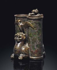 EARLY MING DYNASTY A SILVER INLAID BRONZE‘CHAMPION VASE’GROUP