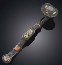 THE SCEPTRE 18TH CENTURY，THE INLAYS 17TH CENTURY AND LATER AN EMBELLISHED CARVED WOOD SCEPTRE，RUYI