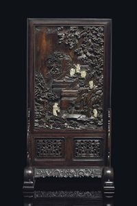 QIANLONG PERIOD （1736-1795） A FINELY CARVED JADE-INSET ZITAN SCREEN AND STAND