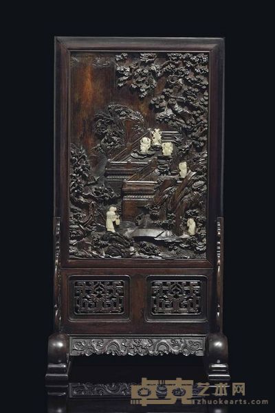 QIANLONG PERIOD （1736-1795） A FINELY CARVED JADE-INSET ZITAN SCREEN AND STAND 95cm