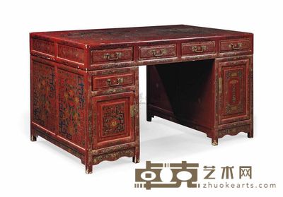 19TH CENTURY A LARGE LACQUERED PARTNER’S PEDESTAL DESK 高86cm；宽90cm；长150cm