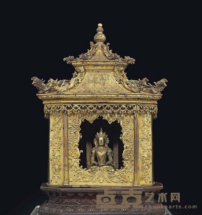 18TH/19TH CENTURY A GILT-BRONZE MODEL OF A PAGODA-FORM SHRINE AND A GILT-BRONZE FIGURE OF AMITAYUS 高32.3cm；高11cm