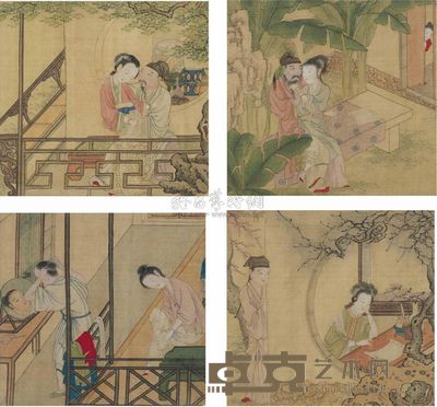 19TH CENTURY A SET OF FOUR PAINTED SILK PANELS 高28.5cm；宽30.8cm