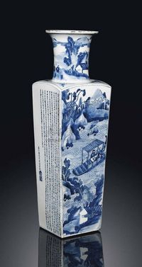 KANGXI PERIOD （1662-1722） A BLUE AND WHITE INSCRIBED SQUARE-SECTION‘ODE TO THE RED CLIFF’VASE